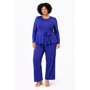 Plus Size Wide Leg Jumpsuit with Tie Waist - Royal Blue